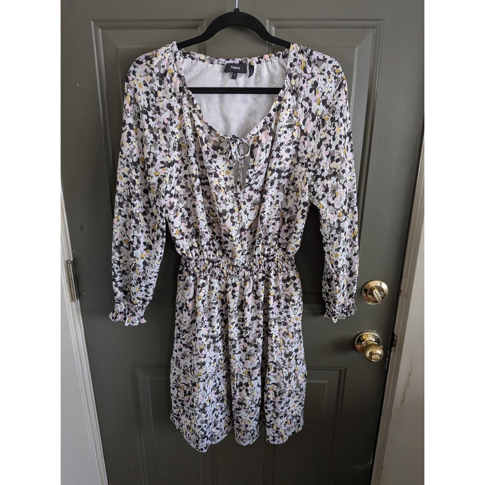 Theory Drawstring Neck Silk Mini Dress in Urban Floral Print Medium - Picture 3 of 8